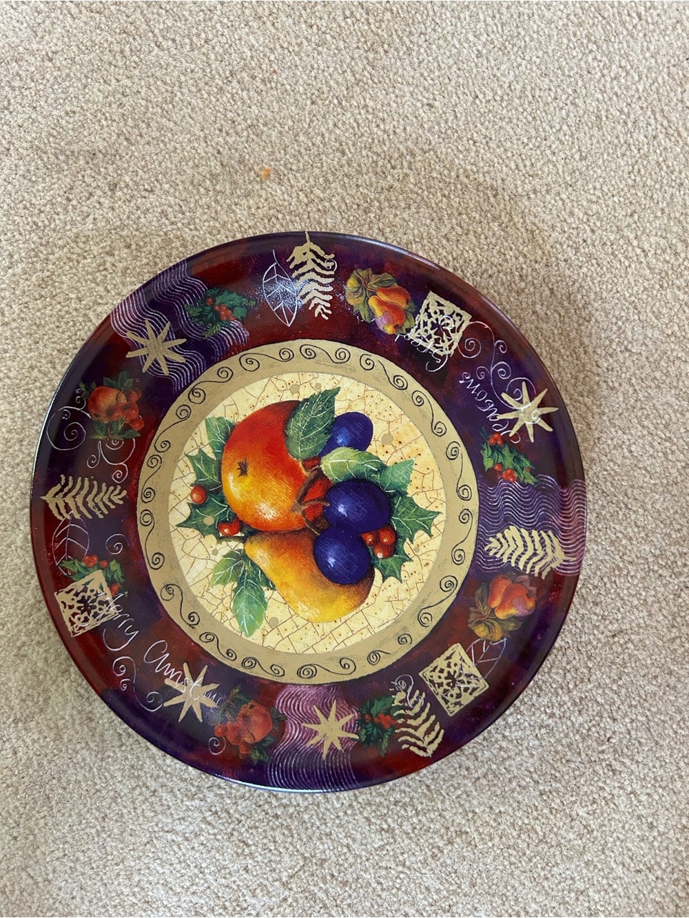 Certified International  Ceramic  Plate with bold colored fruit. Christmas theme